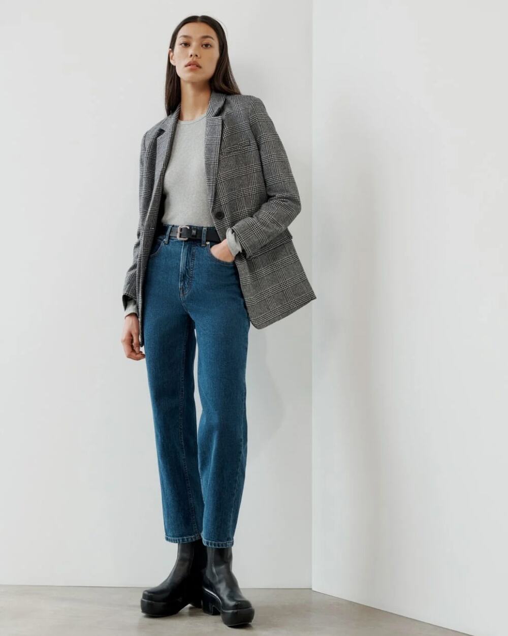 EVERLANE Italian Wool Oversized Blazer Jacket Glen Plaid Grey Sz 12 $228 {270}